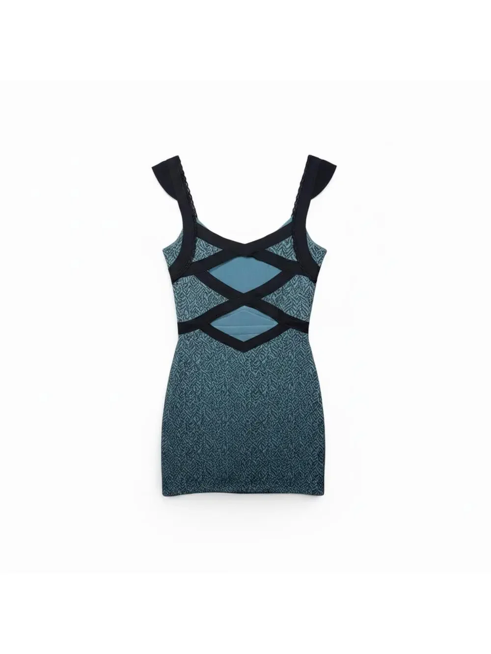 Free People Cross My Heart Mini Dress Teal Blue Black Strappy Cutout Back, XS - Picture 4 of 6